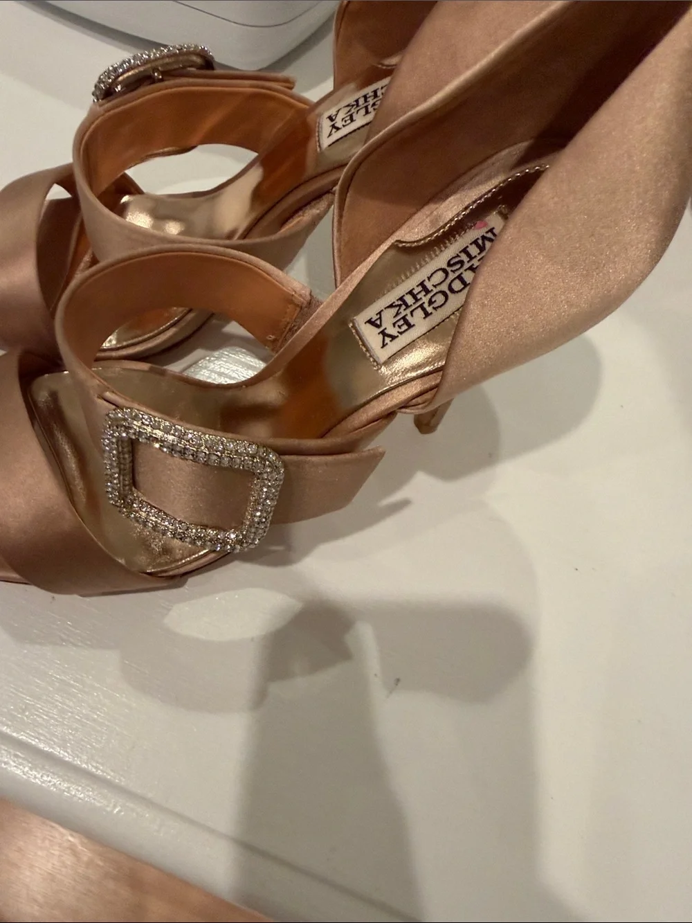 Badgley Mischka Satin D'Orsay Heels in Warm Champagne-Tan with Crystal Buckle.